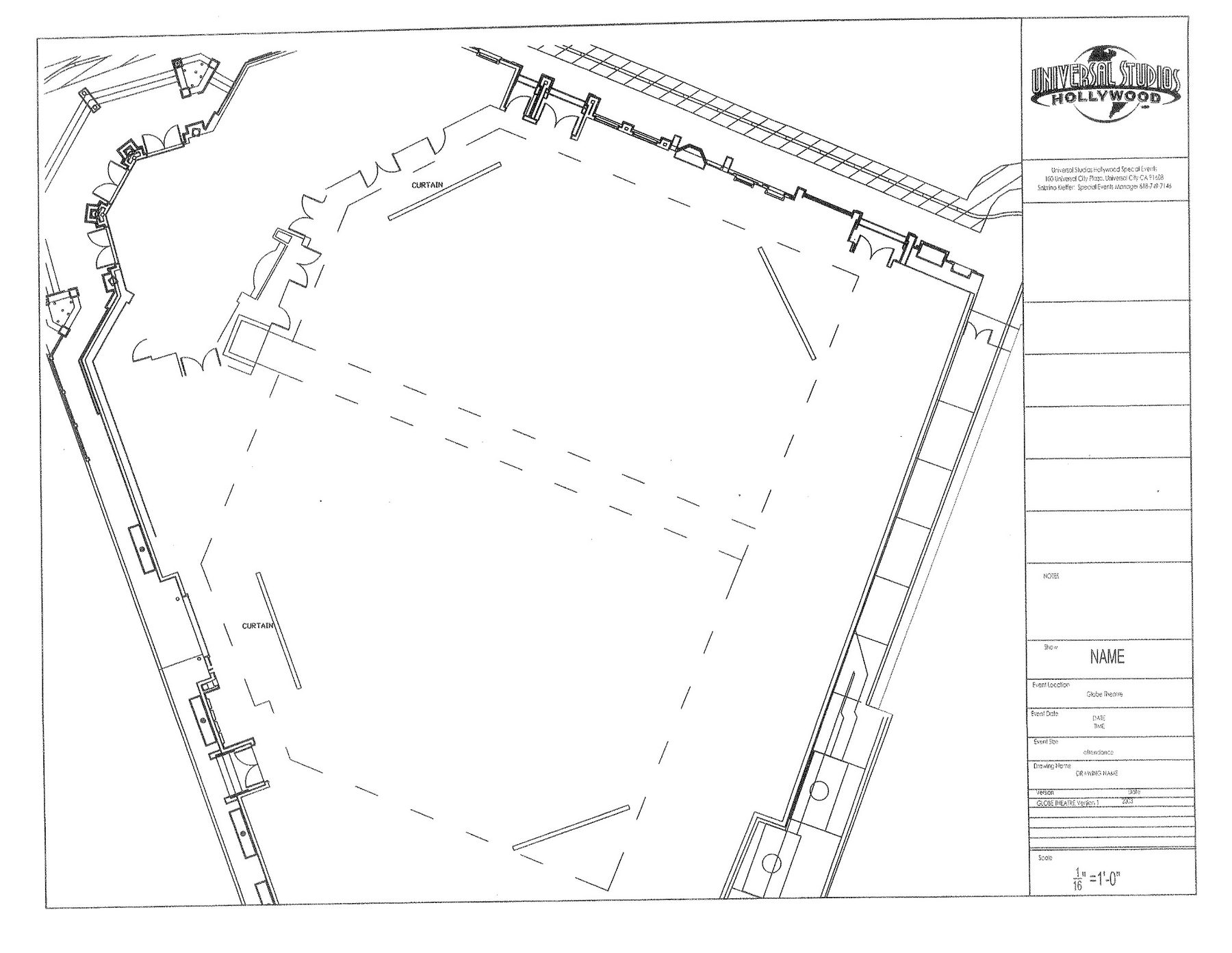 Globe Theatre floor plan drawing showing room layout, curtains, and event location information