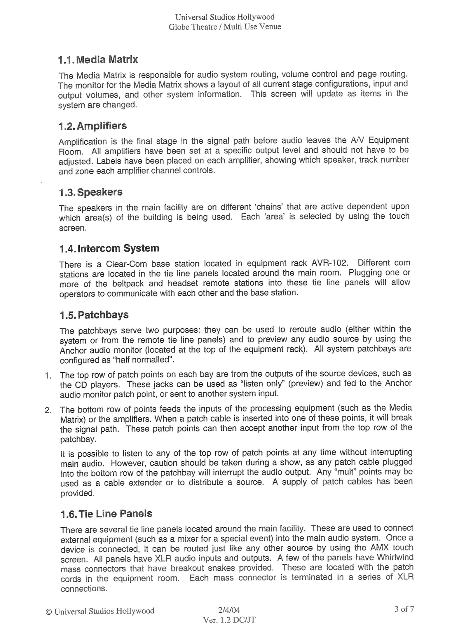 Universal Studios Hollywood Globe Theatre system documentation page