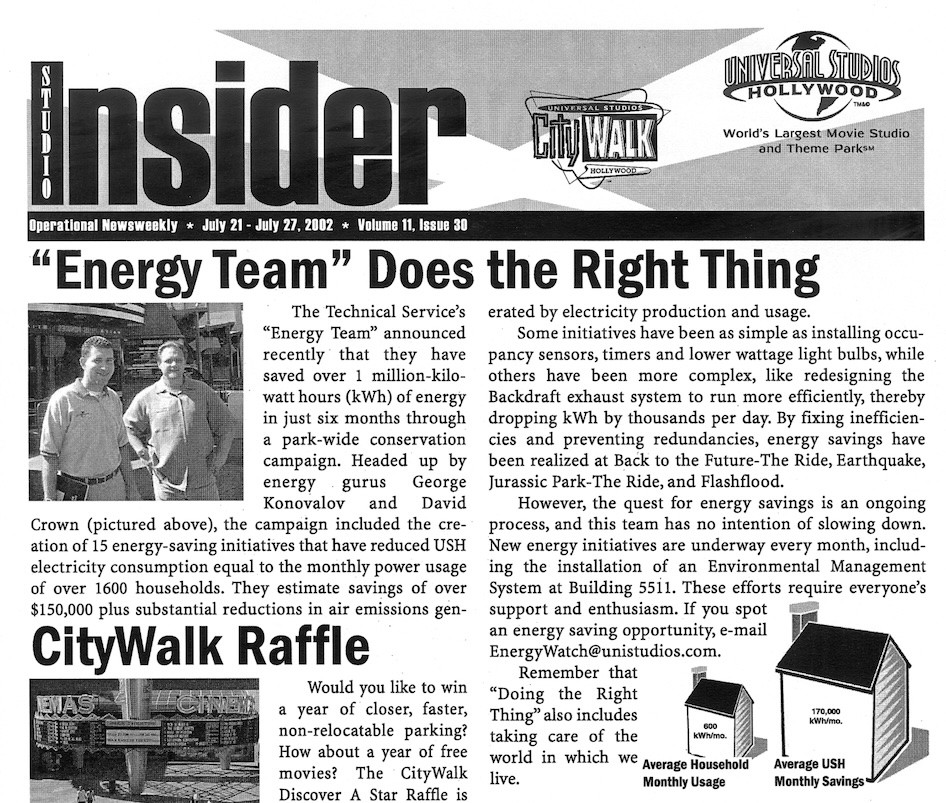 Universal Studios Hollywood Studio Insider featured article highlighting an energy management initiative