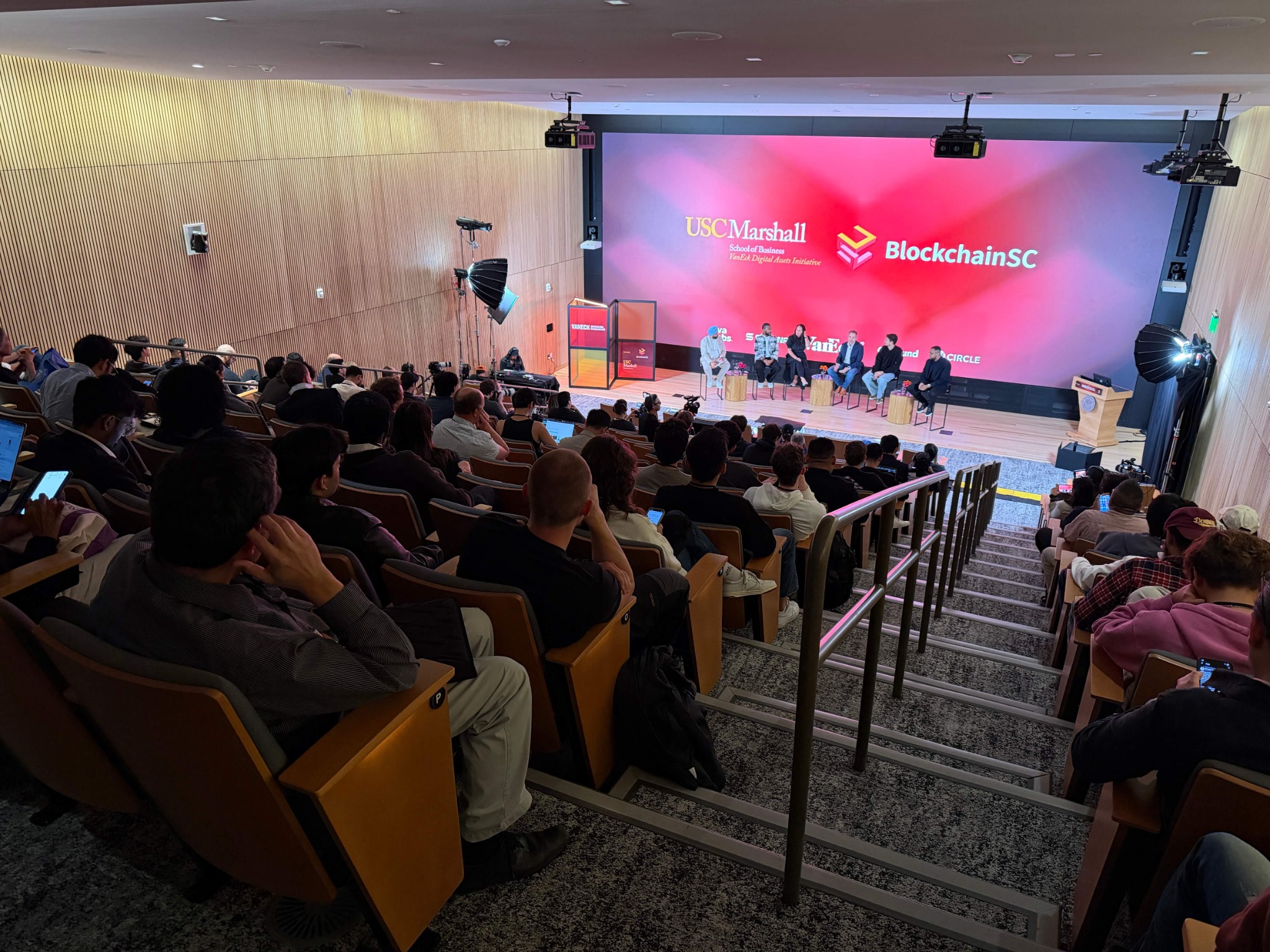 USC VanEck Southern California Blockchain Conference livestream production inside the USC auditorium